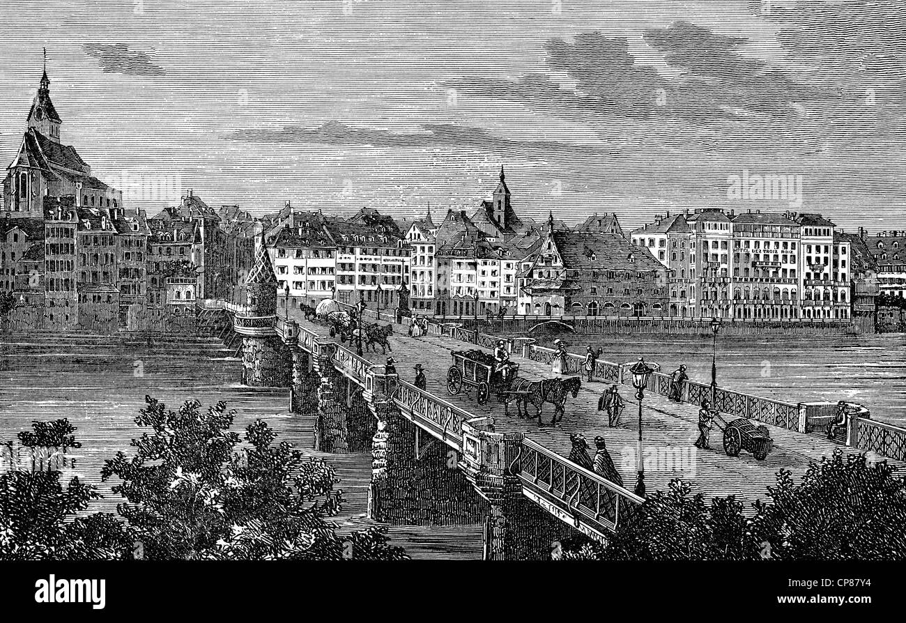 Cityscape of Basel, Switzerland, Europe, historic engraving from the 19th century, Stadtansicht von Basel, Schweiz, Europa, hist Stock Photo