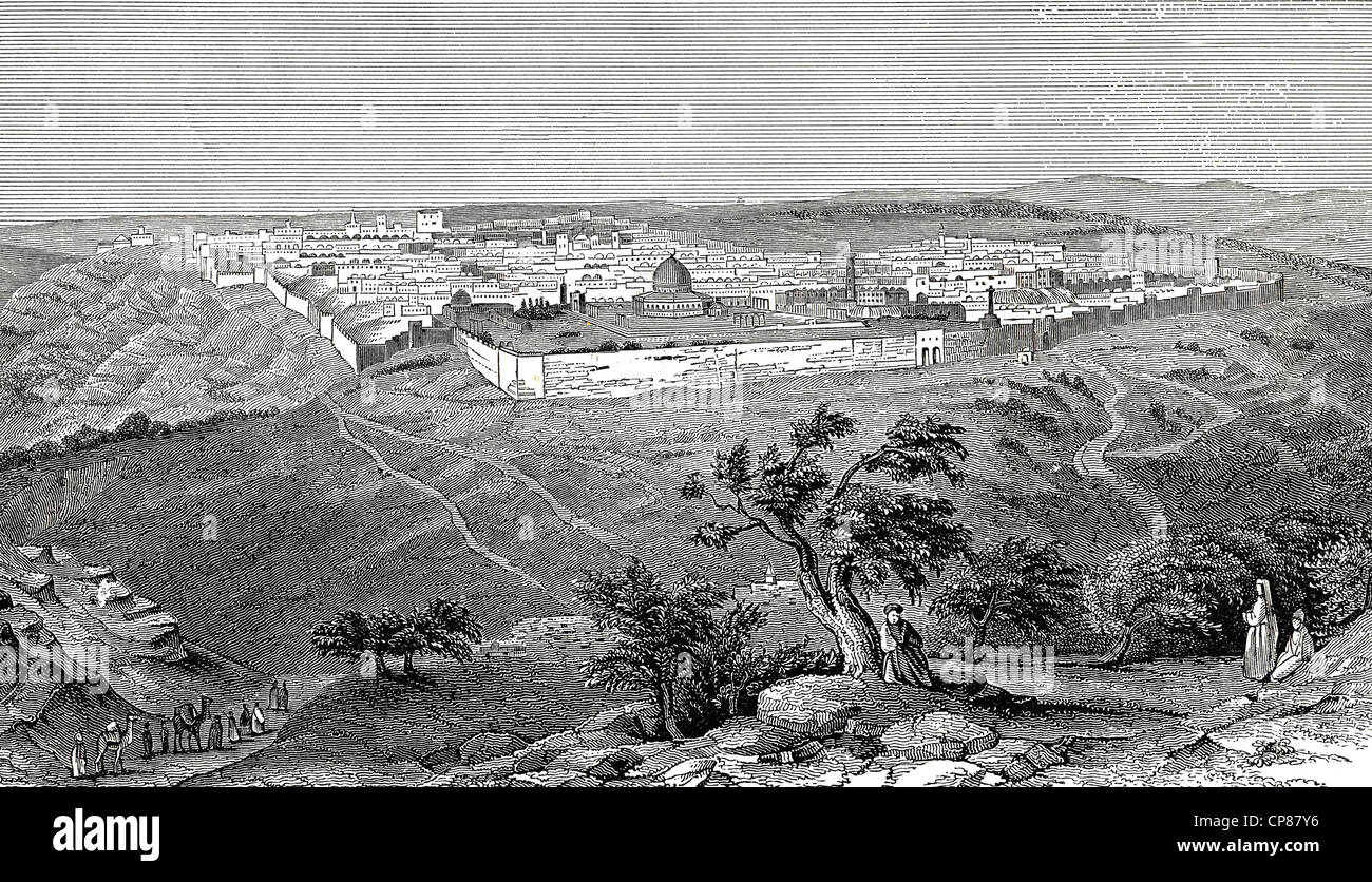 Cityscape of Jerusalem, Israel, historic engraving from the 19th Century, Stadtansicht von Jerusalem, Israel, historischer Stich Stock Photo