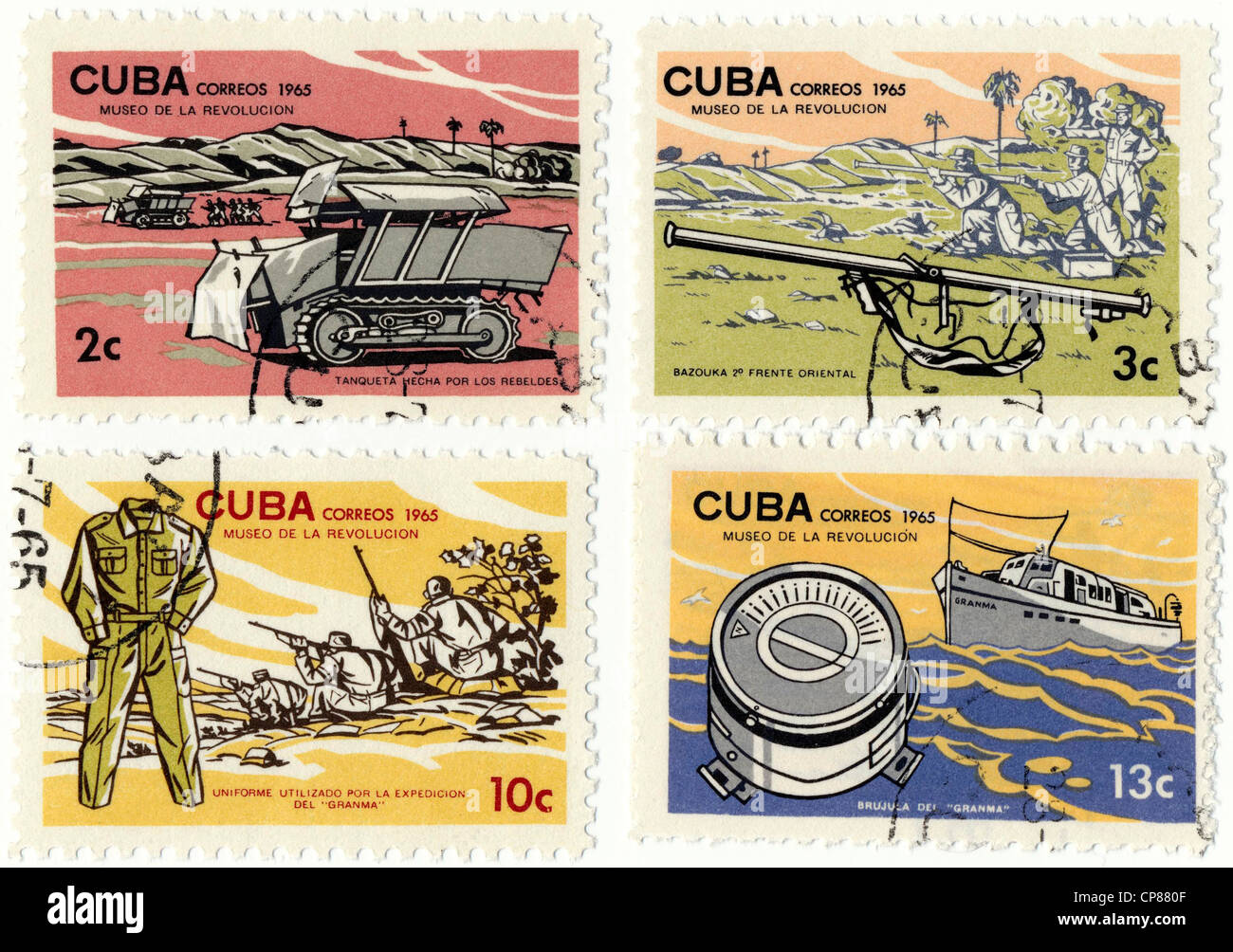 Historic postage stamps from Cuba, Museum of the Revolution with the motor-yacht Granma, 26th of July Movement, landing of Fidel Stock Photo