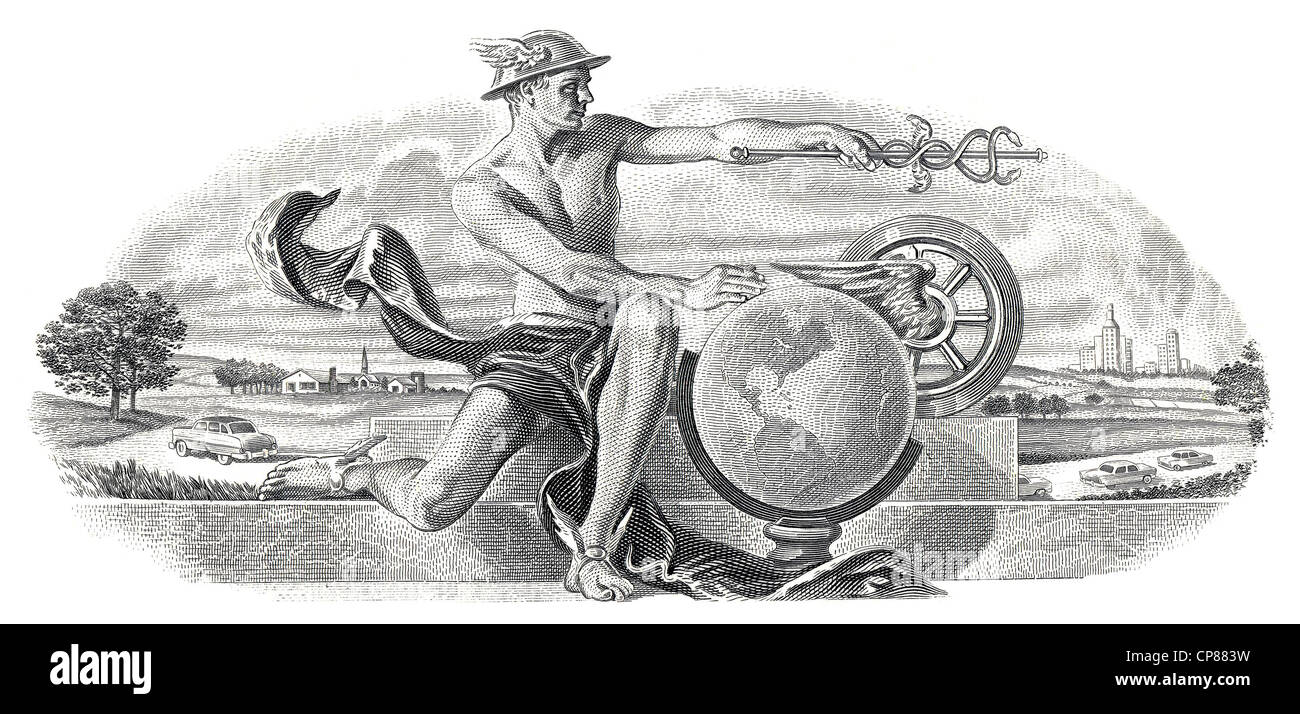 Historical stock certificate, detail of the vignette, allegorical representation of Hermes in front of a globe with a cultured l Stock Photo