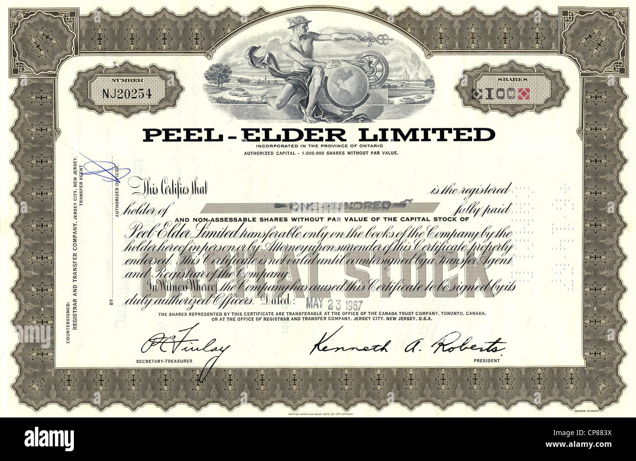 Historical stock certificate, mining company, real estate, Peel-Elder Limited, 1967, Peel Village Development in Brampton, Ontar Stock Photo