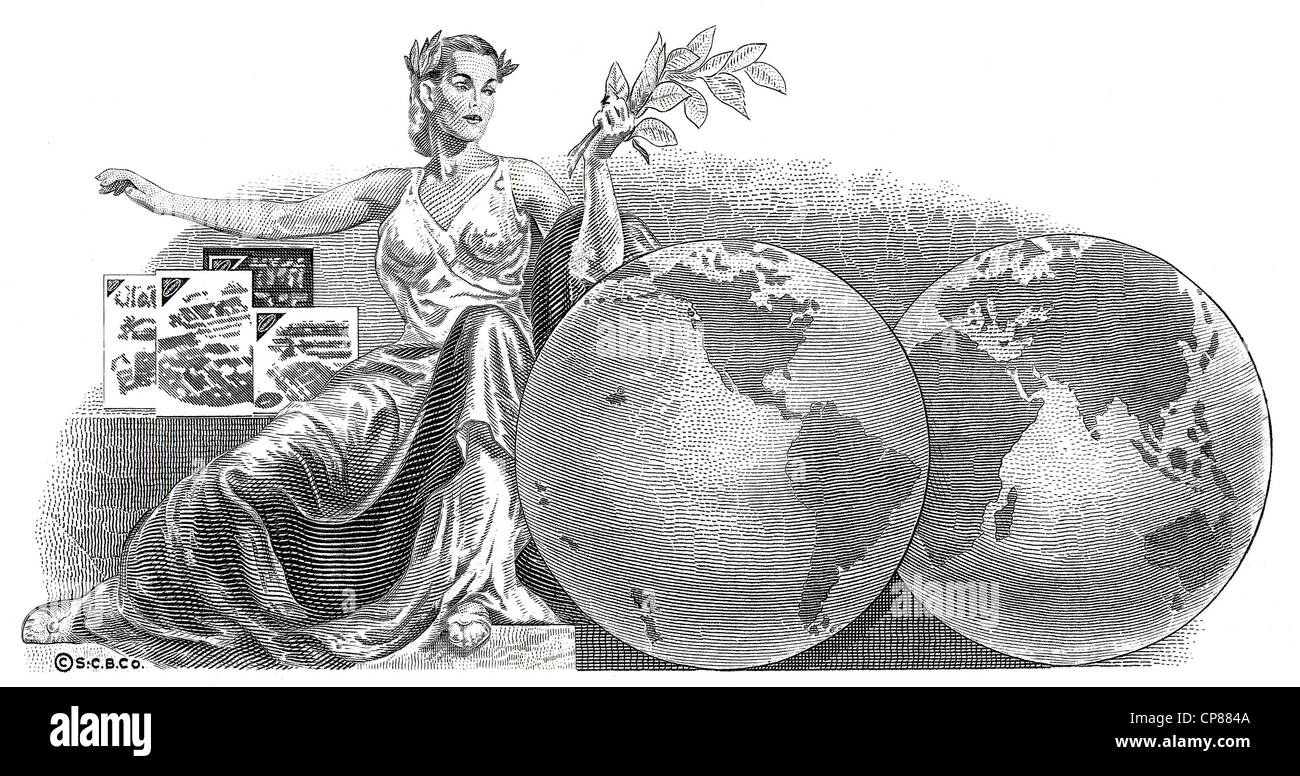 Historical stock certificate, detail of the vignette, allegorical representation of a woman holding tobacco leaves beside two si Stock Photo