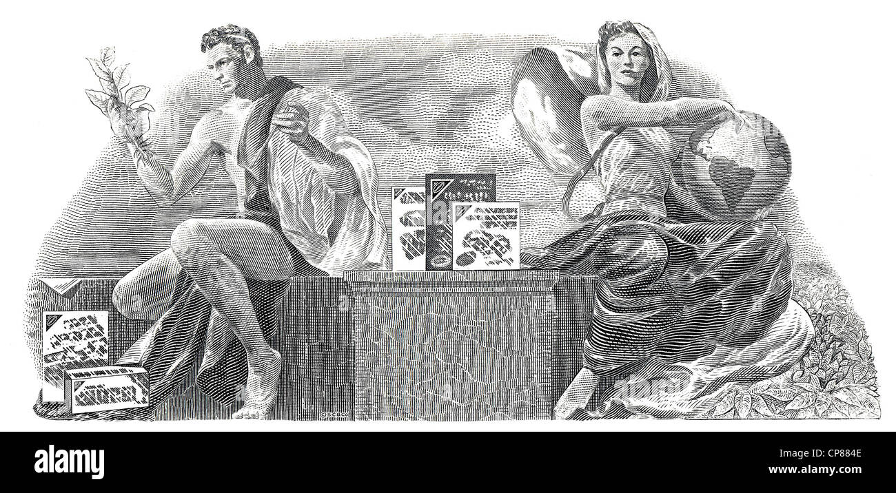 Historical stock certificate, detail of the vignette, allegorical representation of a man holding tobacco leaves and a woman wit Stock Photo