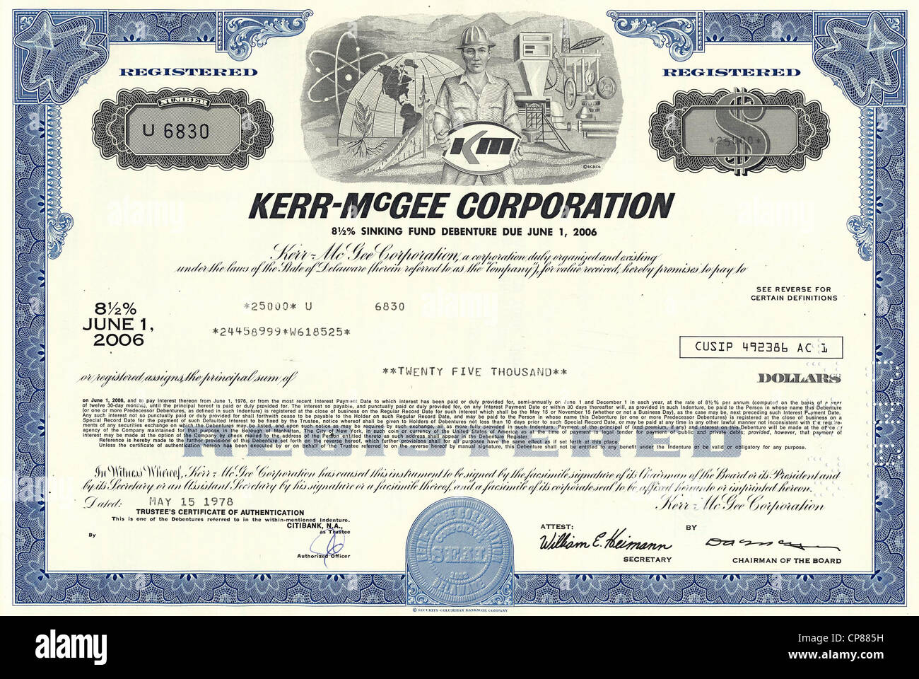 Historical stock certificate, Kerr-McGee Corporation, today part of Anadarko Petroleum, Oil and Gas, Delaware, USA, 1978, Wertpa Stock Photo