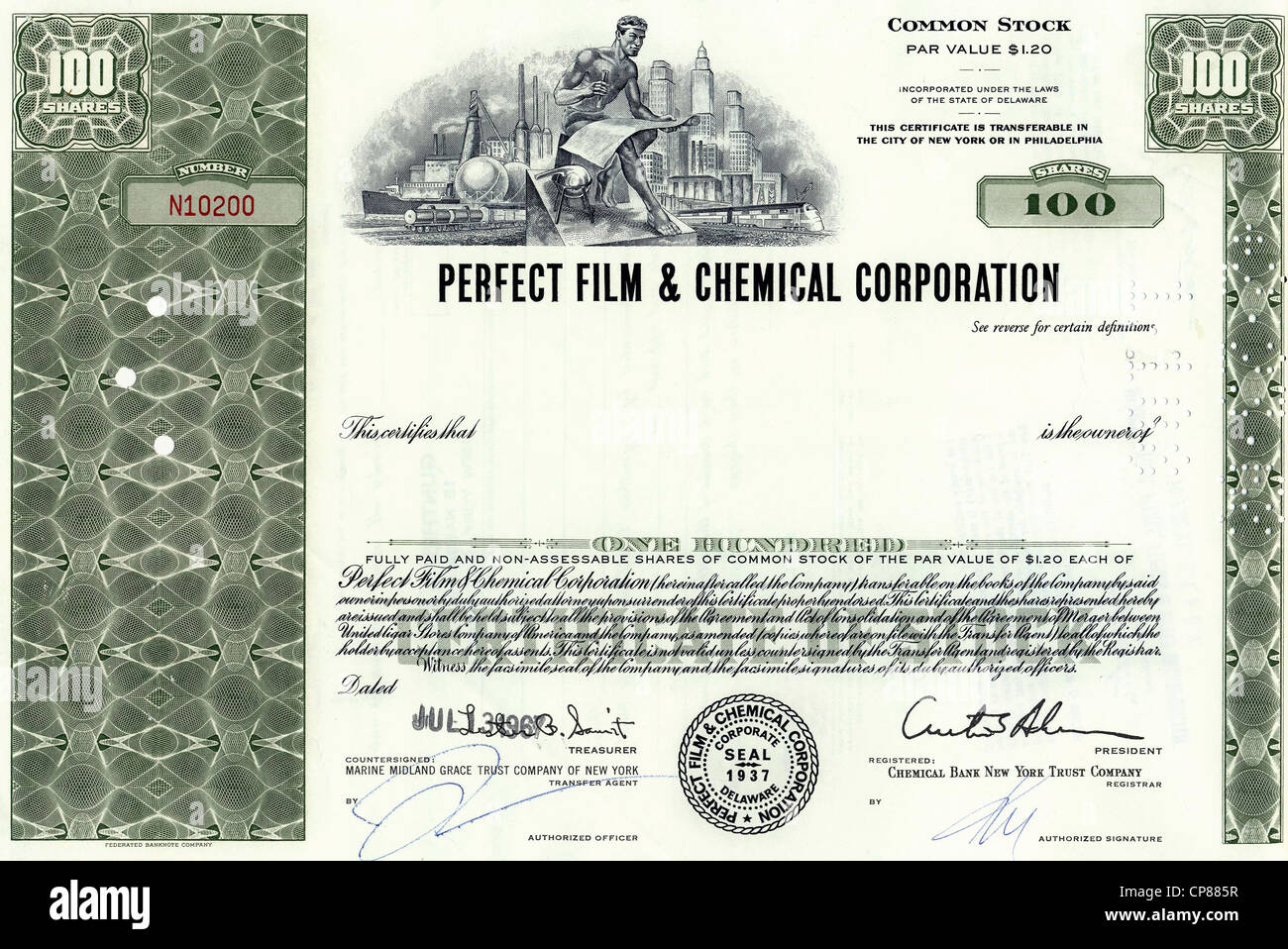a historical stock certificate of a medical publishing house, a man with paraphernalia for chemistry in front of a factory and a Stock Photo