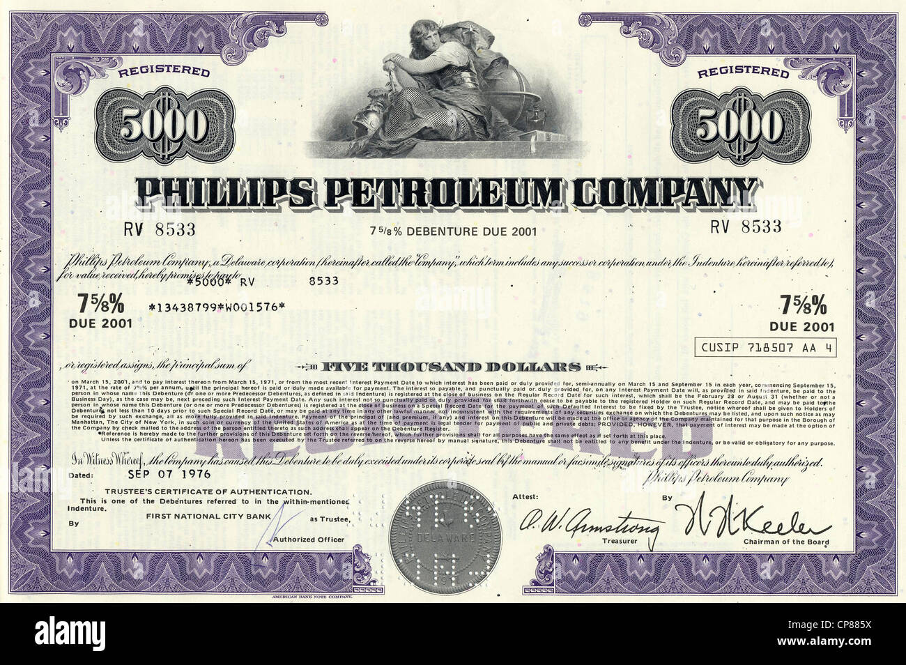 Historical stock certificate of an oil, gas and energy company, Phillips Petroleum Company, today part of ConocoPhillips, Oklaho Stock Photo