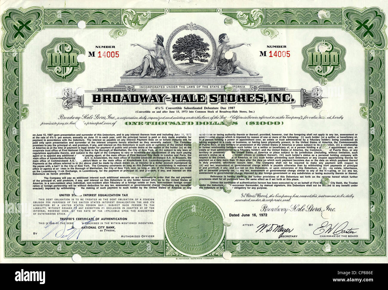 Historische Aktie, Allegorische Darstellung, Supermarktkette, Hale Brothers fusionierte mit Broadway Department Stores zu Broadw Stock Photo