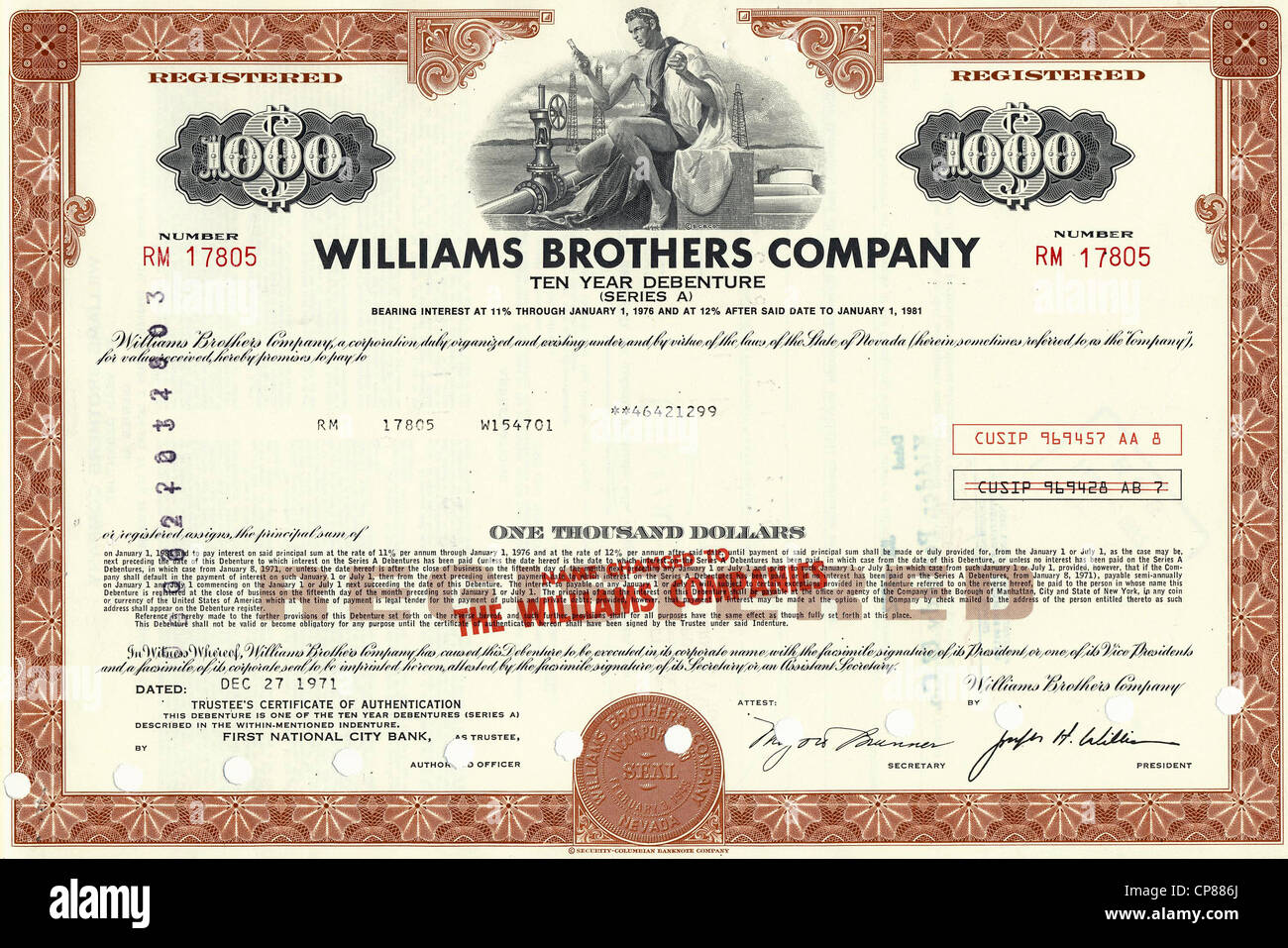 Historical stock certificate of an oil and gas company, oil pipeline, energy company, Williams Brothers Company, Tulsa, Oklahoma Stock Photo