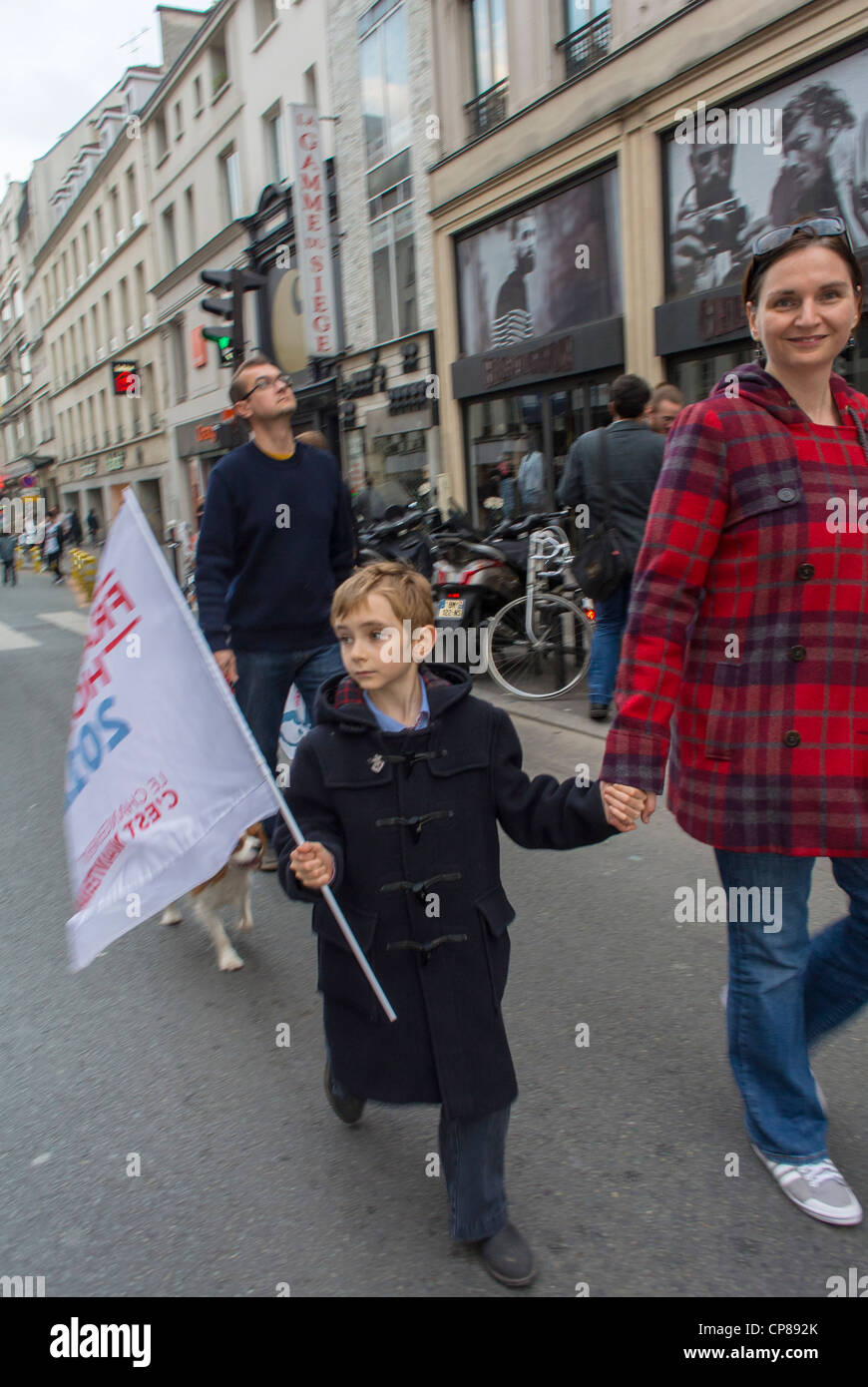 Paris, France, Family Celebrating Results of the Presidential Elections, Young BOy Carrying Socialist Flag with Mum, victorious youth Stock Photo