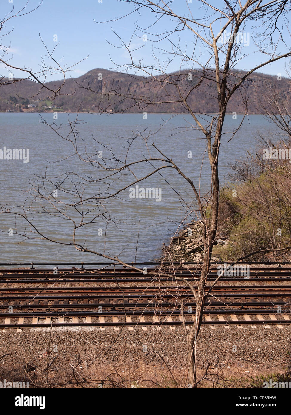 New York's Hudson River and MetroNorth Hudson Line train tracks, New York, USA, April 3, 2012