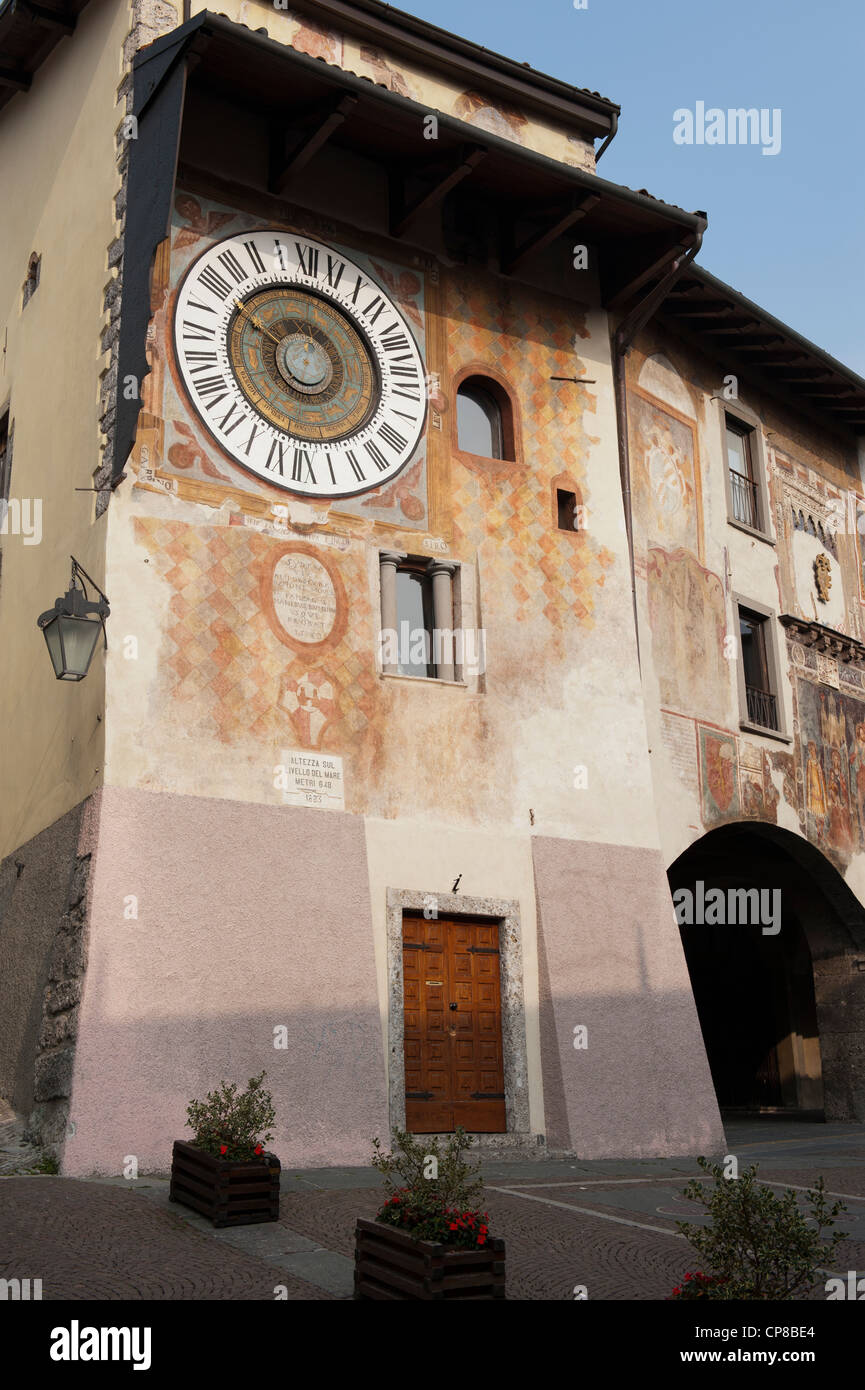 Clusone's Orologio Planetario, or Astronomic clock, set into the facade of the town hall in 1583 by Pietro Fanzago Stock Photo