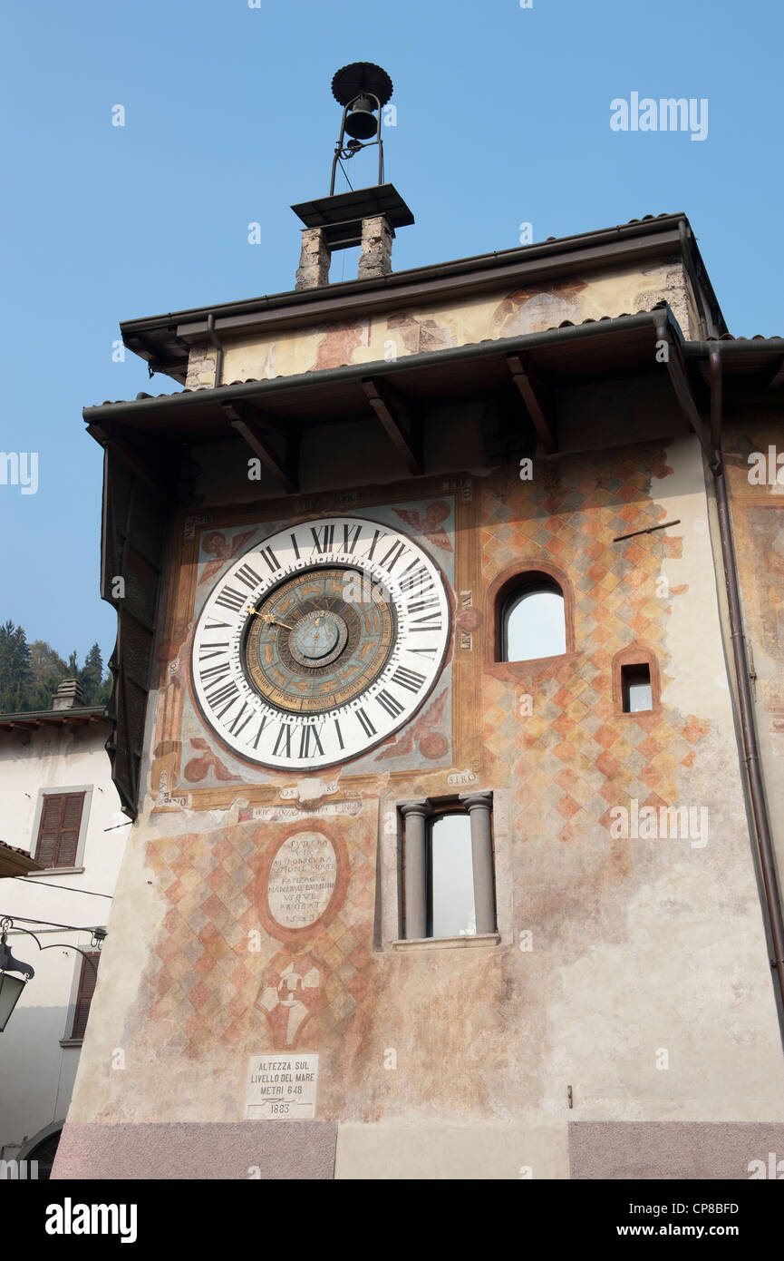 Clusone's Orologio Planetario, or Astronomic clock, set into the facade of the town hall in 1583 by Pietro Fanzago Stock Photo