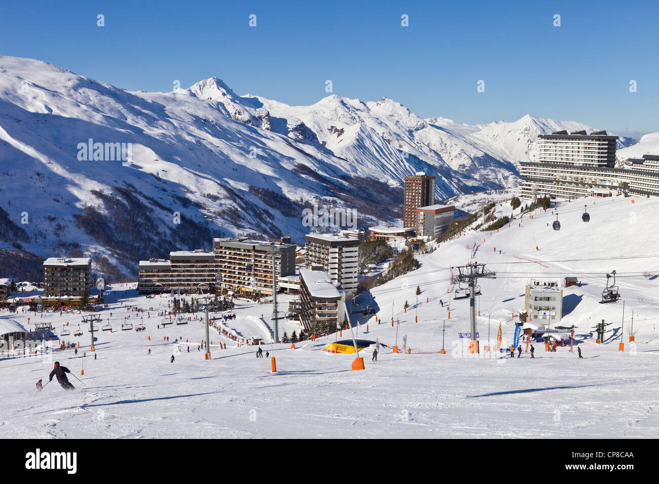 France, Savoie, Les Menuires ski resort in the Three Valleys, Des Bellevilles valley Stock Photo