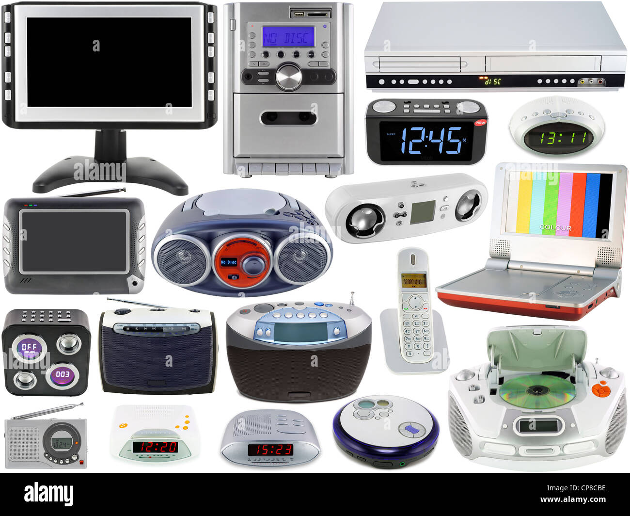 Set of modern home digital electronic clocks, tv, radio, DVD and CD  players. Isolated on the white. Mass production Stock Photo - Alamy