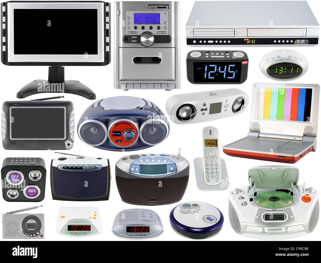 Set of modern home digital electronic clocks, tv, radio, DVD and CD players. Isolated on the