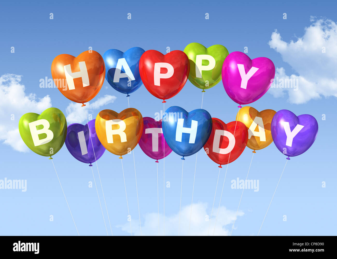 colored Happy Birthday heart shape balloons floating in the sky Stock Photo  - Alamy