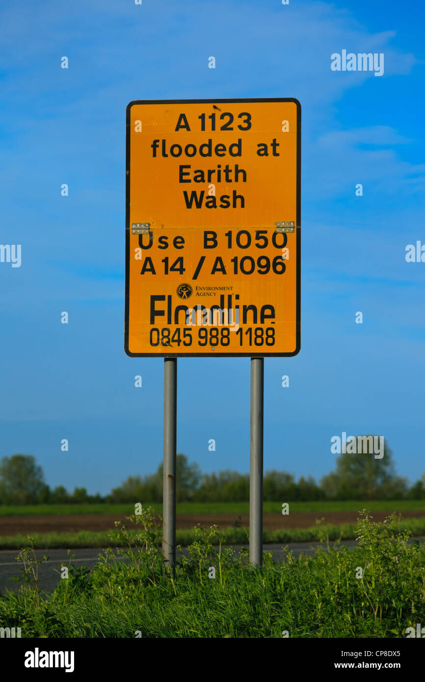 Flood warning sign for Earith Wash, Earith, Cambridgeshire, England Stock Photo