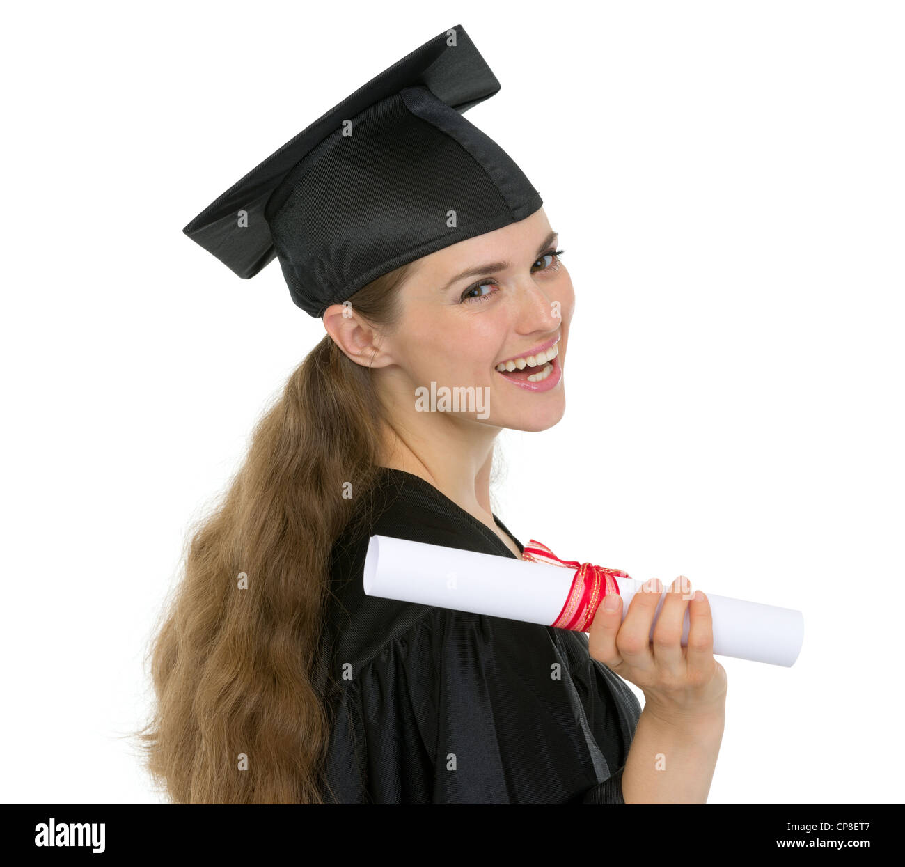 Happy graduation female student holding diploma Stock Photo - Alamy