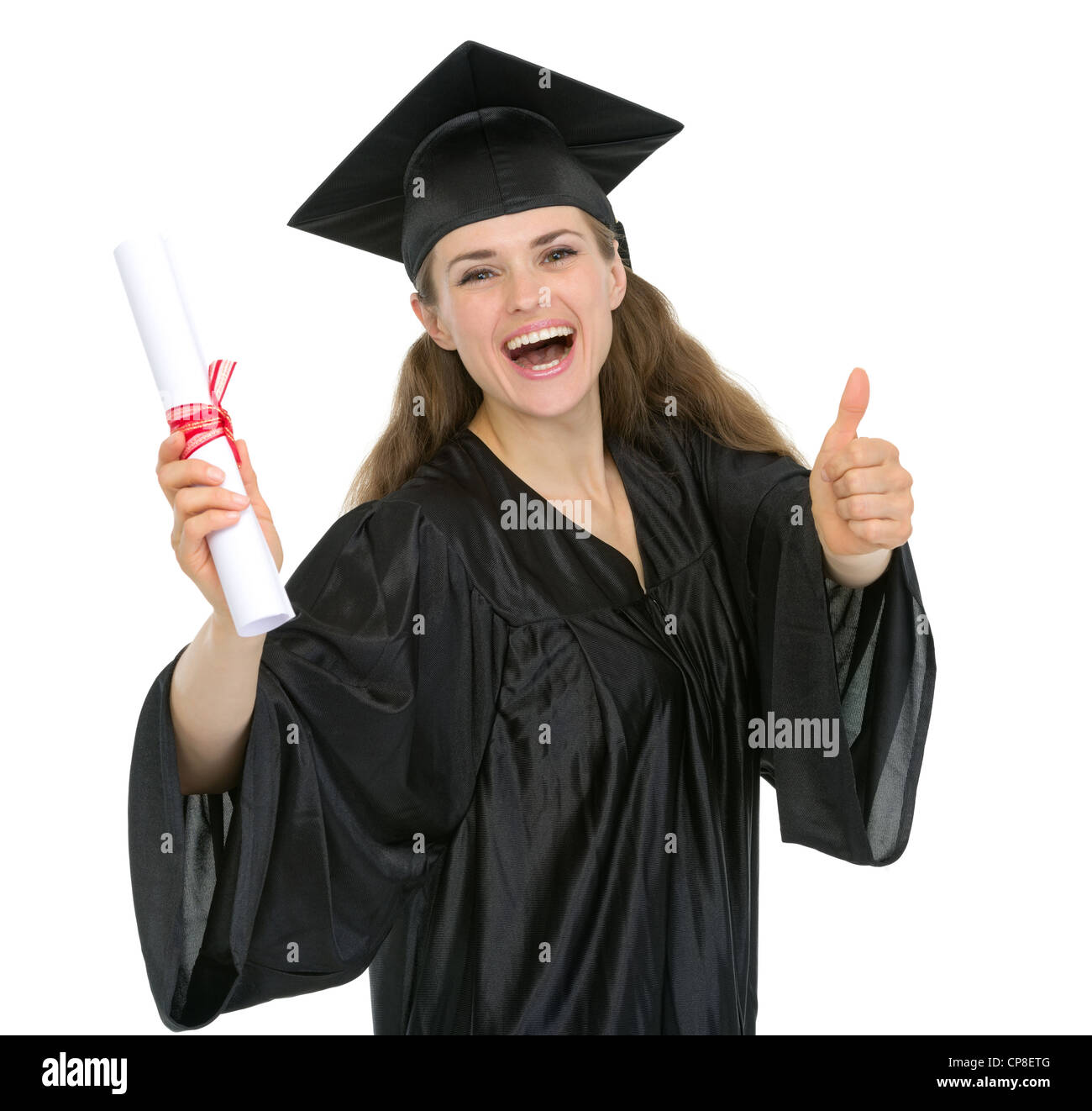Smiling graduation woman with diploma showing thumbs up Stock Photo - Alamy