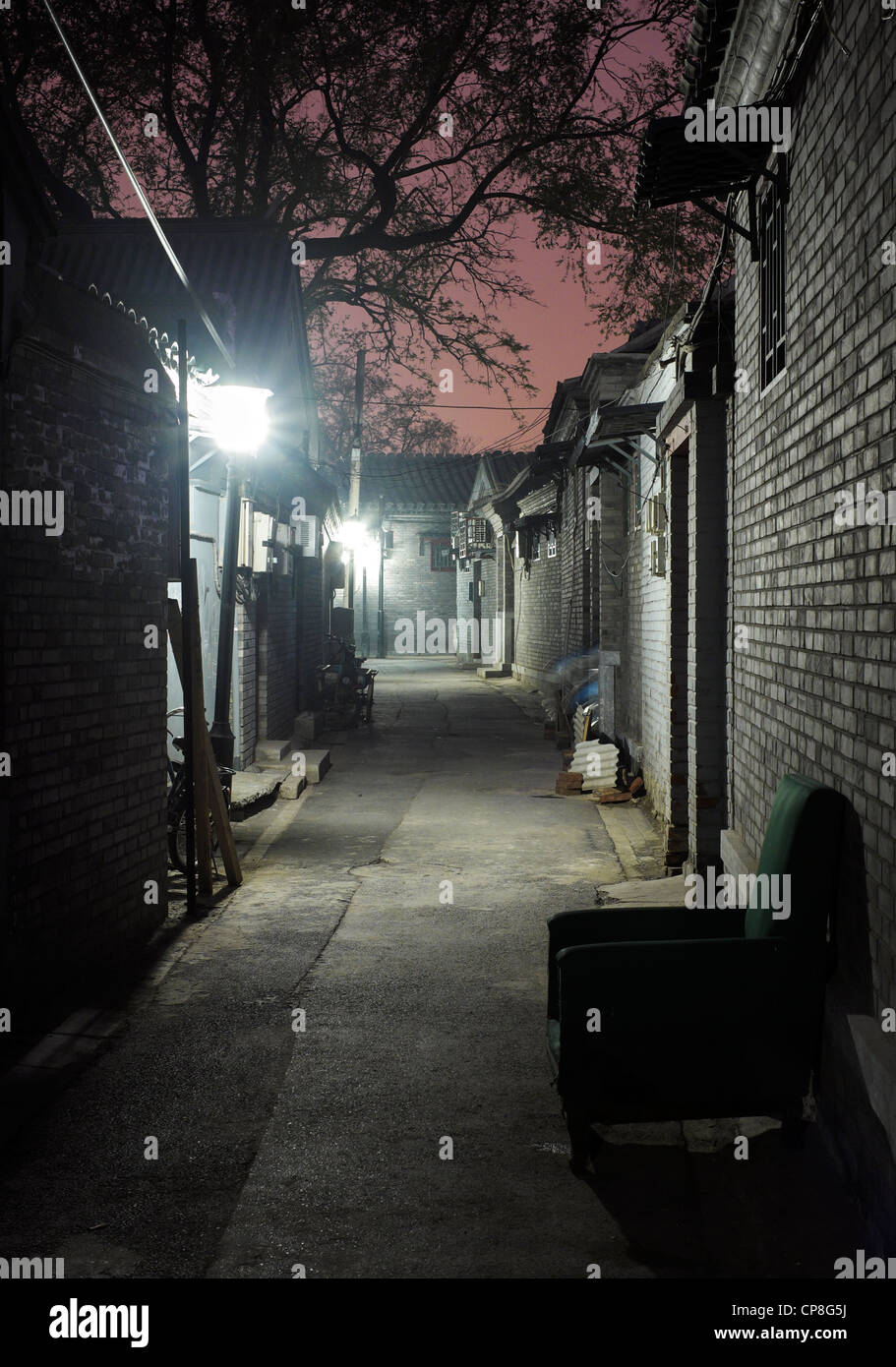 View of historic lane or hutong at night in Beijing China Stock Photo