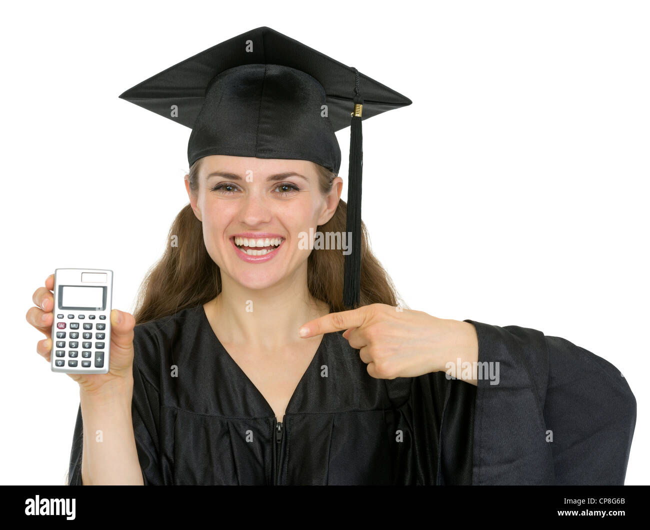 Happy graduation student woman pointing on calculator Stock Photo - Alamy