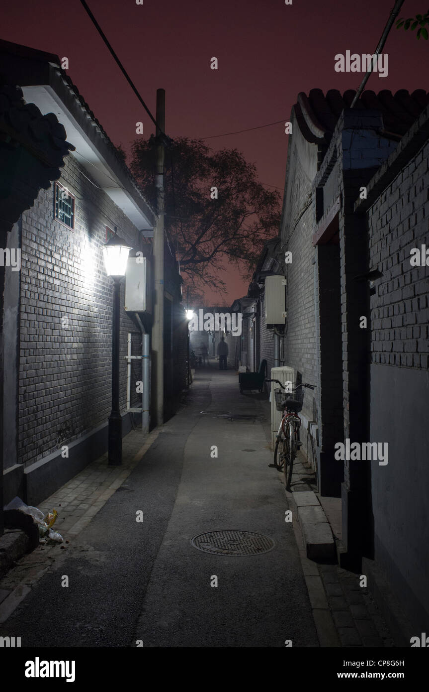 View of historic lane or hutong at night in Beijing China Stock Photo