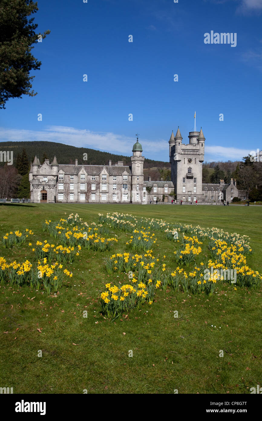 Balmoral Scottish Royal Scots baronial revival style castle and grounds in Spring;  Royal residences Crathie, Deeside Aberdeenshire, Scotland, UK Stock Photo