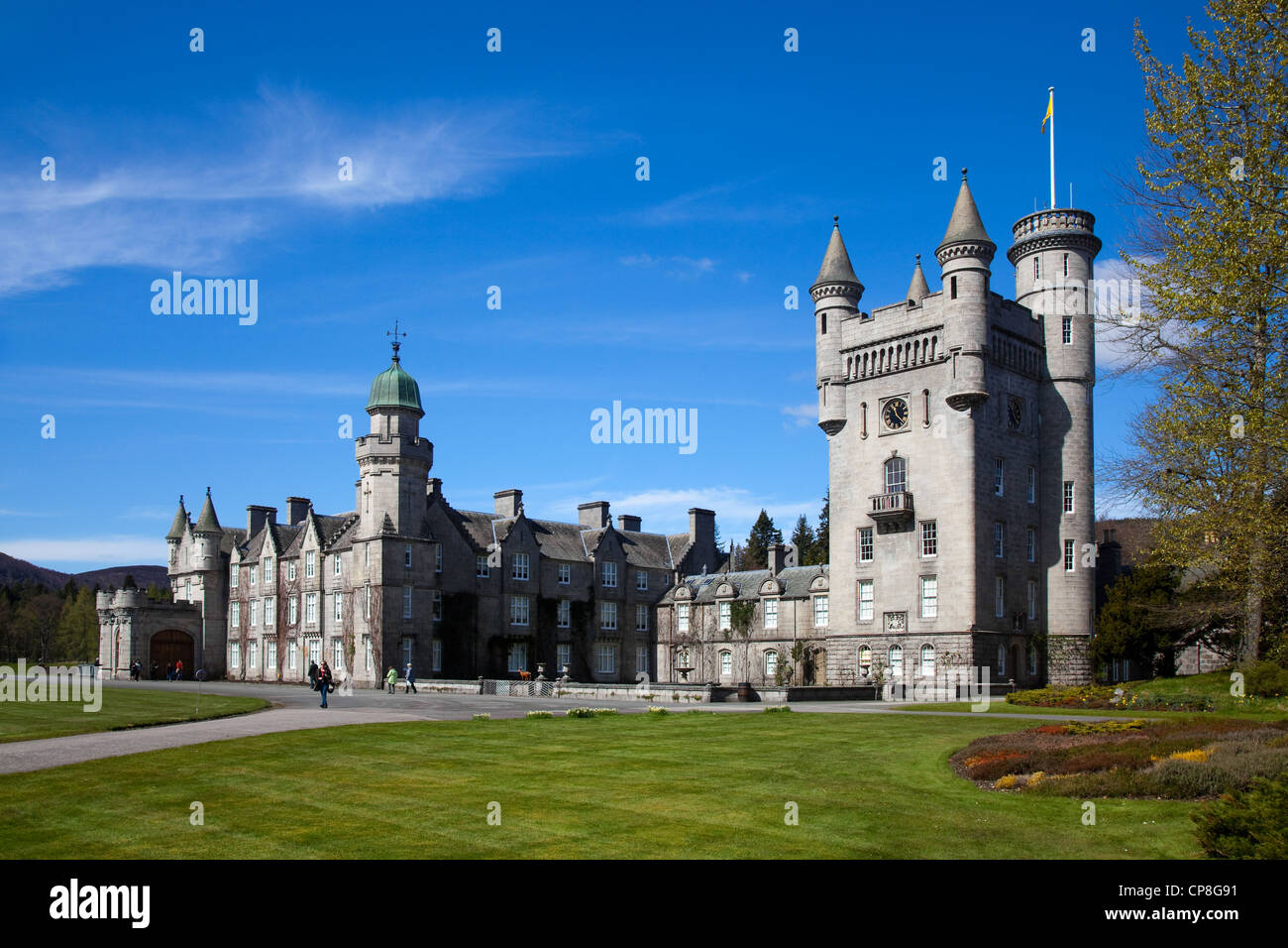 Balmoral Scottish Royal Scots baronial revival style castle and grounds in Spring;  Royal residences Crathie, Deeside Aberdeenshire, Scotland, UK Stock Photo
