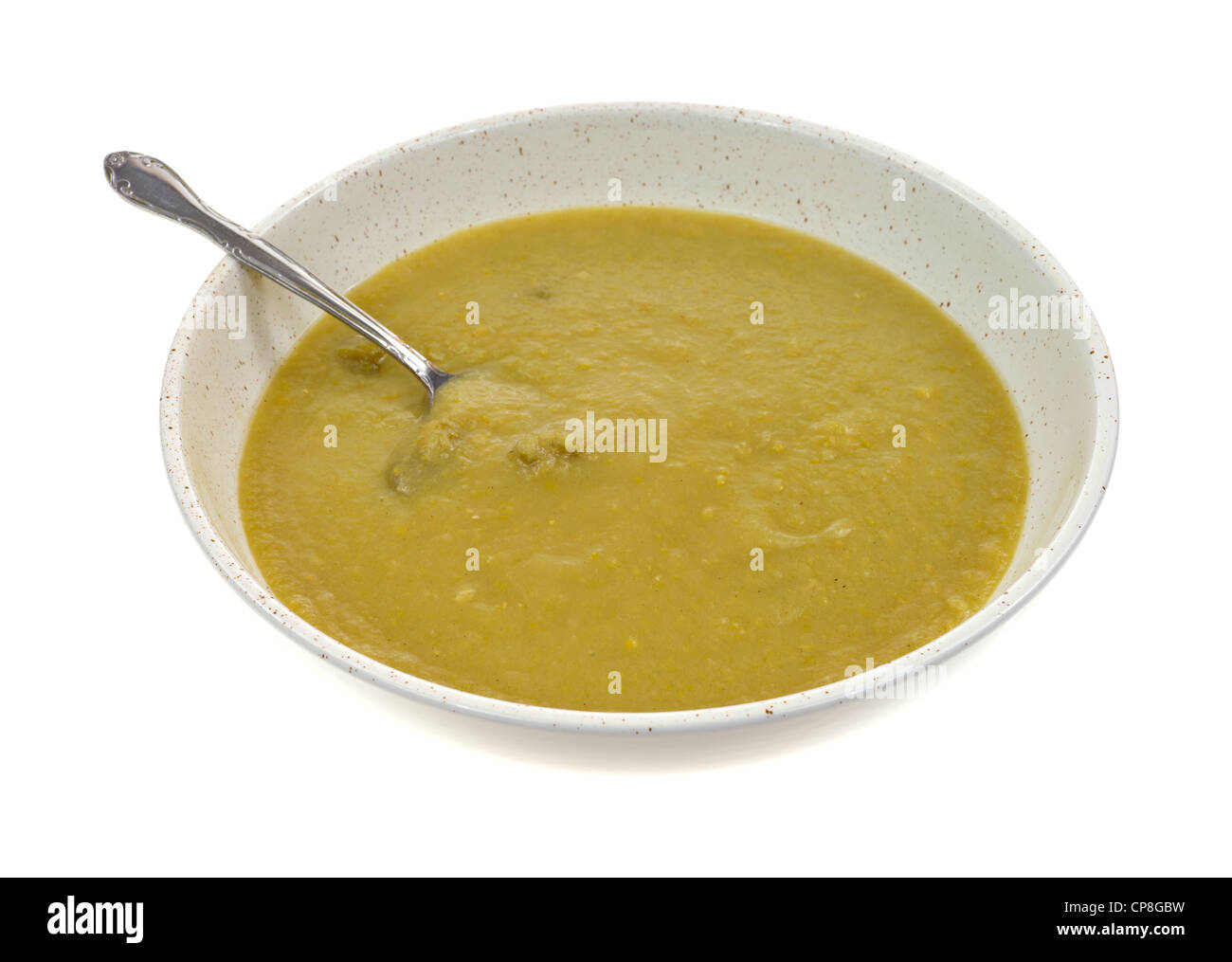 Bowl of split pea soup with spoon Stock Photo Alamy