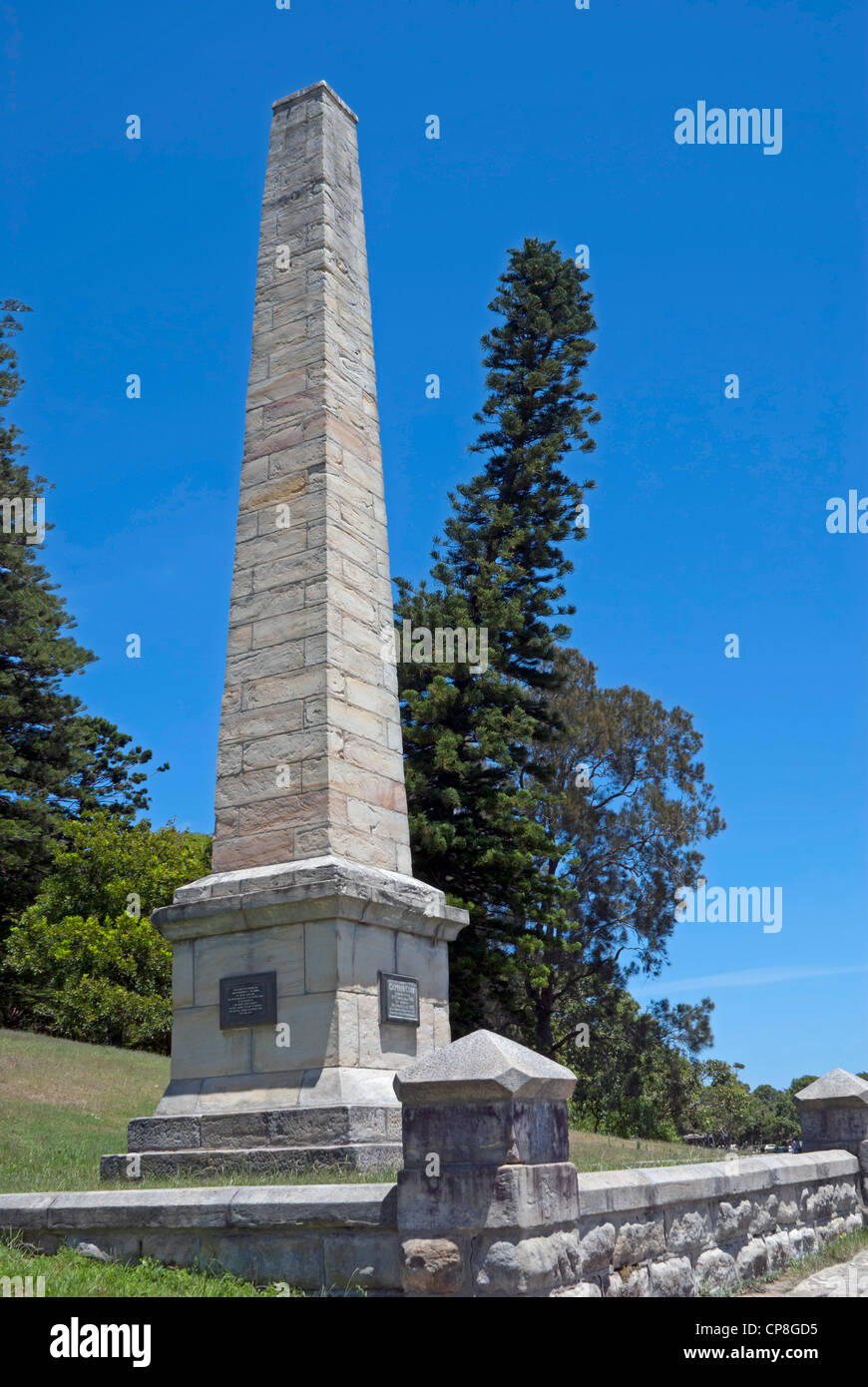 The obelisk in Botany Bay National Park marking where Captain James Cook first landed in Australia Stock Photo
