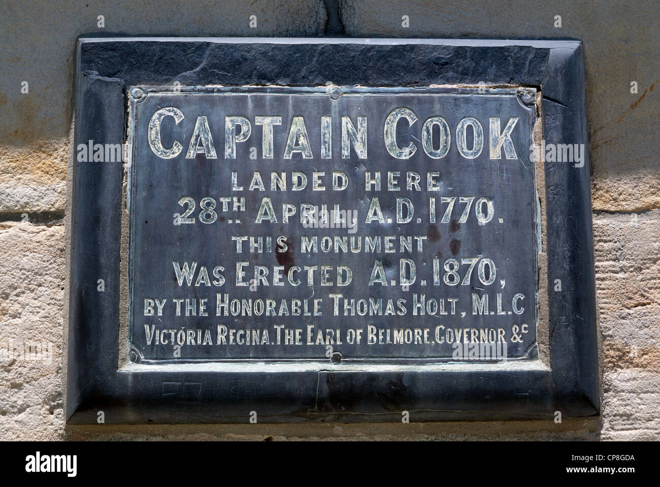 Plaque on the monument marking where Captain Cook first landed in Australia Stock Photo