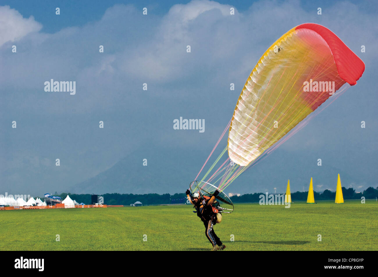 Europe Italy Piedmont Turin airport of Collegno  Word Air Games 2009 motorized paraglider Stock Photo