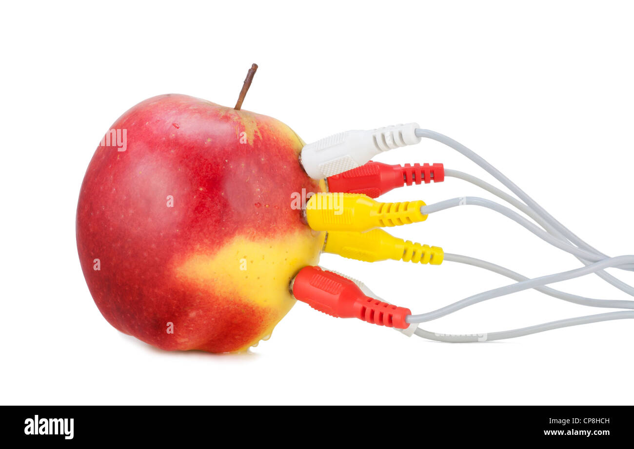 Red apple connection on video data network isolated on white. Science and nature symbiosis concept Stock Photo
