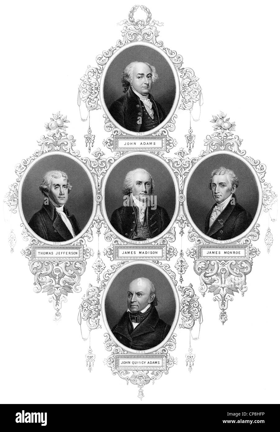 portaits of the presidents of the United States of America, 1797-1829, John Adams, Thomas Jefferson, James Madison, James Monroe Stock Photo