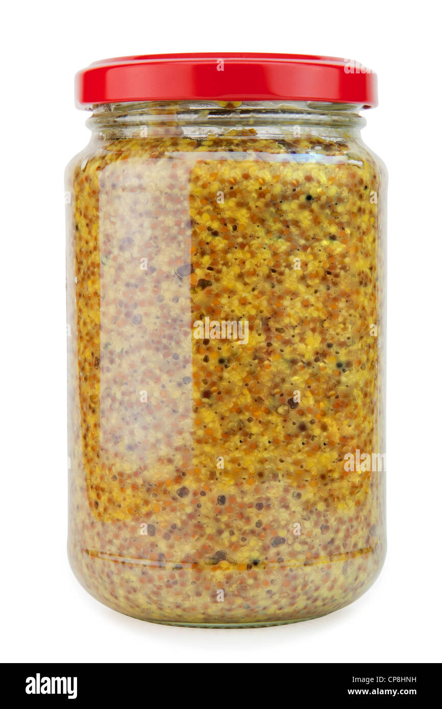 Glass bank with Dijon mustard macro. Isolated on white with patch Stock