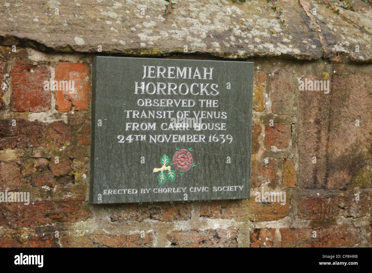 Plaque to Jeremiah Horrocks outside Carr House, Much Hoole, Lancashire, UK. Stock Photo