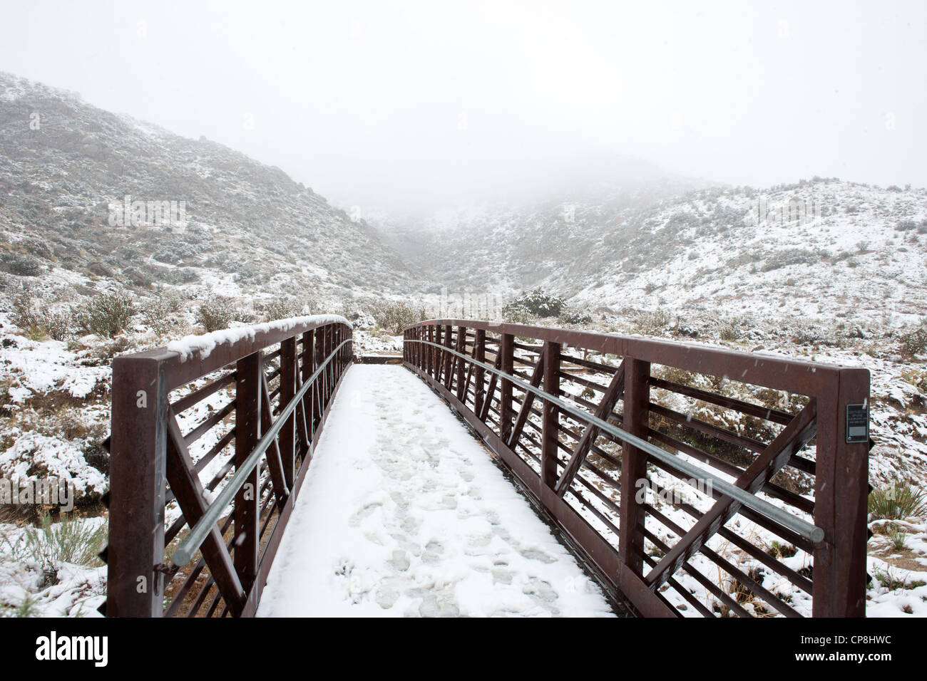 Snowy day hiking trail, Albuquerque, New Mexico.  Foothills. Stock Photo
