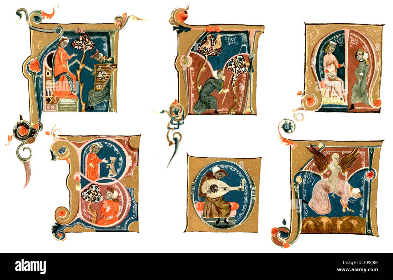 Initials from the 13th century, Historische Bild aus dem 19. Jahrhundert, Initialen, schmückende Anfangsbuchstaben einer italien Stock Photo