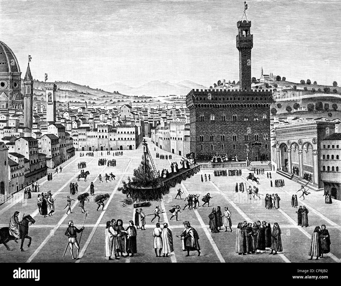 Historical illustration from the 19th Century, the execution of Savonarola on the Piazza della Signoria, Florence, Italy, Girola Stock Photo