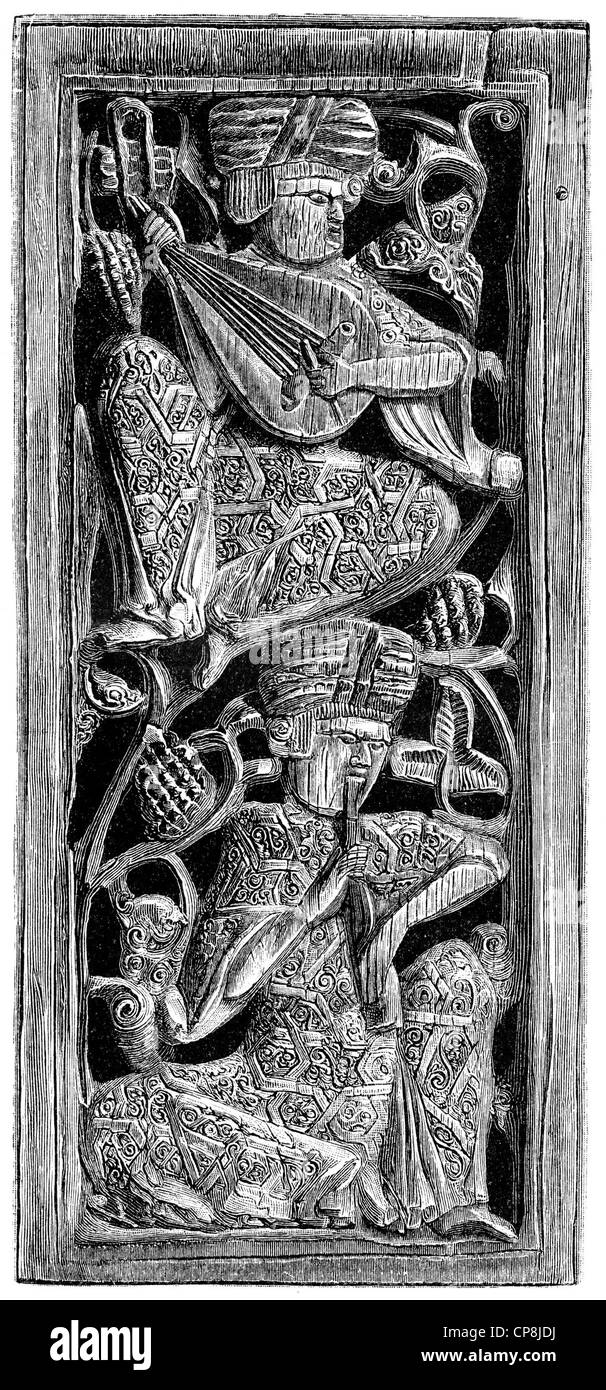 Musicians at the Sicilian court, historical illustration from the 19th Century, after an ivory carving from the 12th Century, Hi Stock Photo