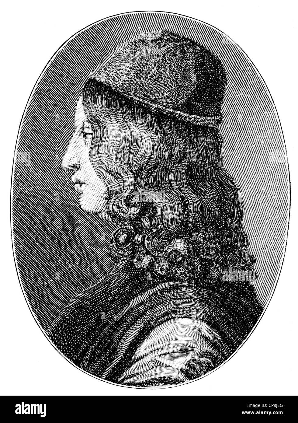 Giovanni Pico Conte della Mirandola, 1463 - 1494, an Italian philosopher of the Renaissance, Historische Zeichnung aus dem 19. J Stock Photo