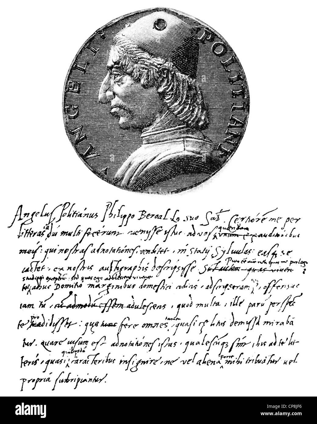 Mmanuscript and portrait of Angelo Poliziano, Angiolo Ambrogini, Angelus Politianus, Angelus Ambrosini or Politian, 1454 - 1494, Stock Photo
