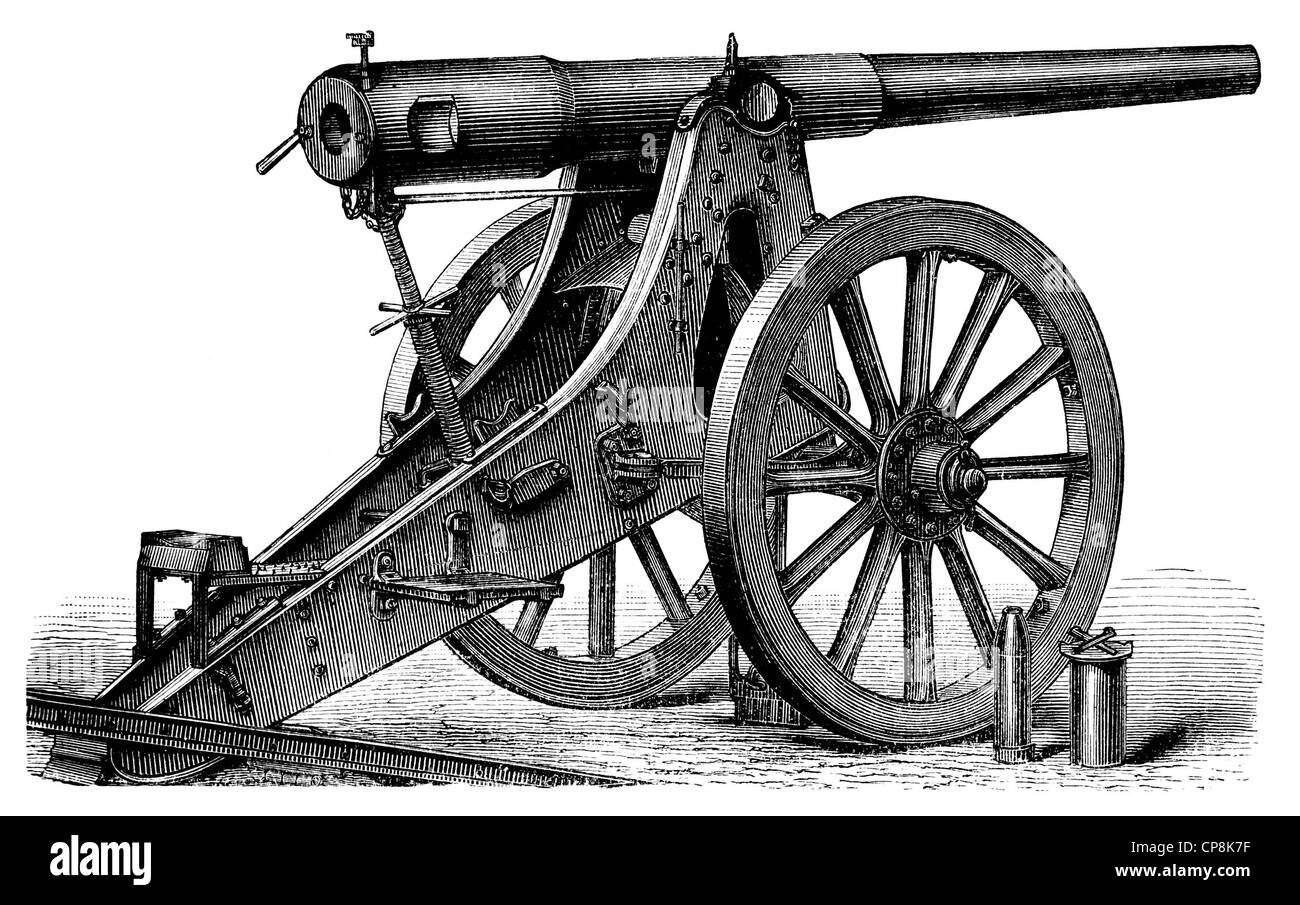 Historical illustration from the 19th Century, depiction of a German siege gun from Krupp, Historische Zeichnung aus dem 19. Jah Stock Photo