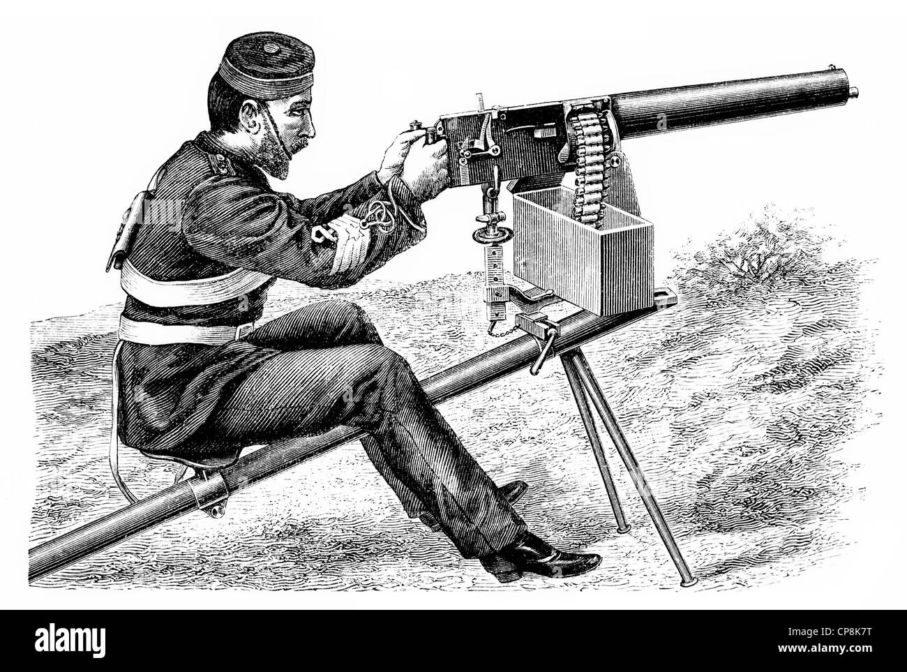 Historical illustration from the 19th Century, depiction of a French machine gun, Historische Zeichnung aus dem 19. Jahrhundert, Stock Photo