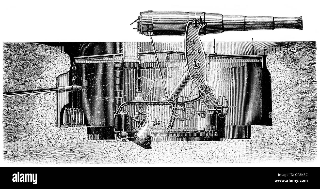 Historical illustration from the 19th Century, depiction of an English Armstrong gun, Historische Zeichnung aus dem 19. Jahrhund Stock Photo