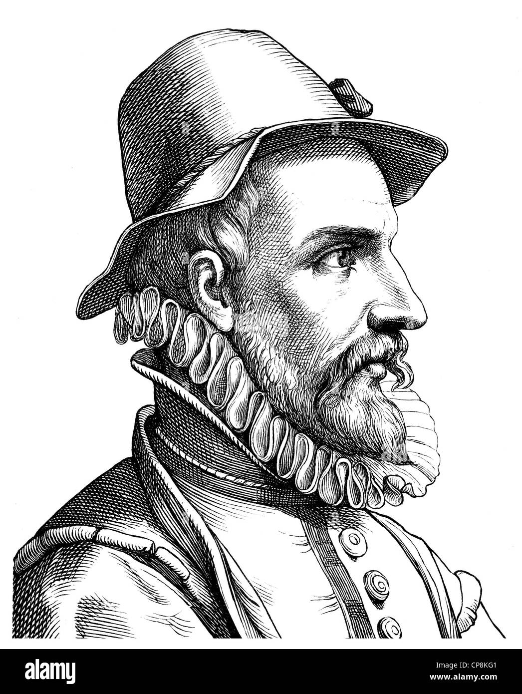 Johann Fischart, 1550-1591, German poet and writer, Historische Zeichnung aus dem 19. Jahrhundert, Portrait von Johann Fischart, Stock Photo