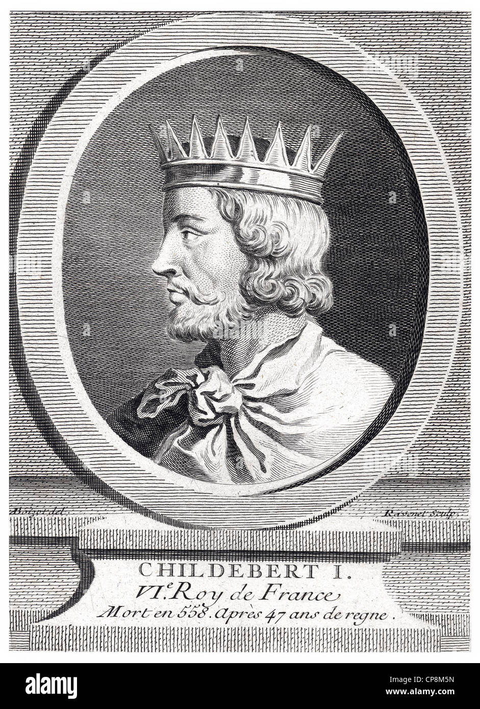 Childebert I, the Merovingian Frankish king with royal residence in Paris, 6th Century, Historic steel engraving from the 19th c Stock Photo