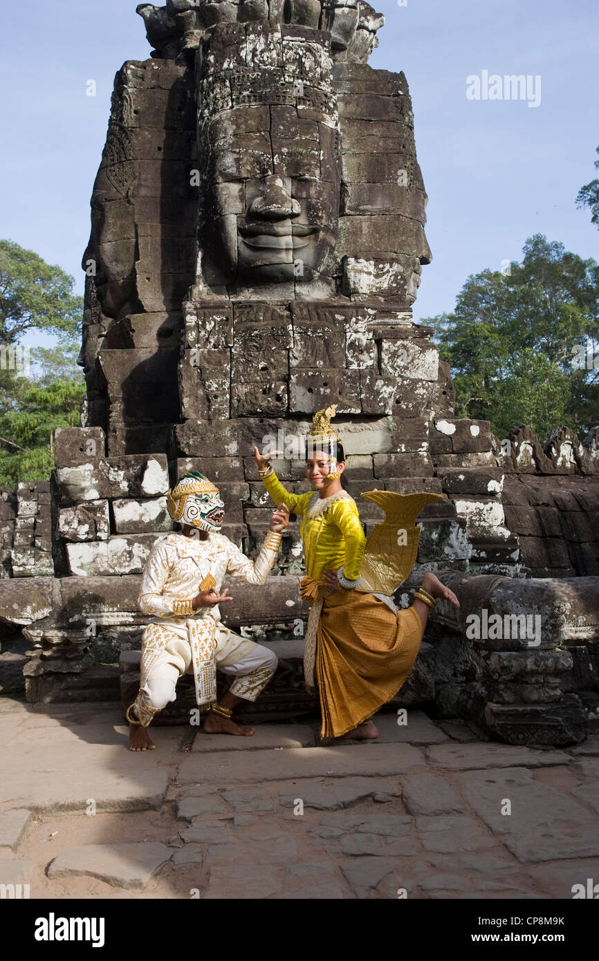 Young Couple in Traditional Dress at Bayon Temple Angkor Wat Cambodia Stock Photo