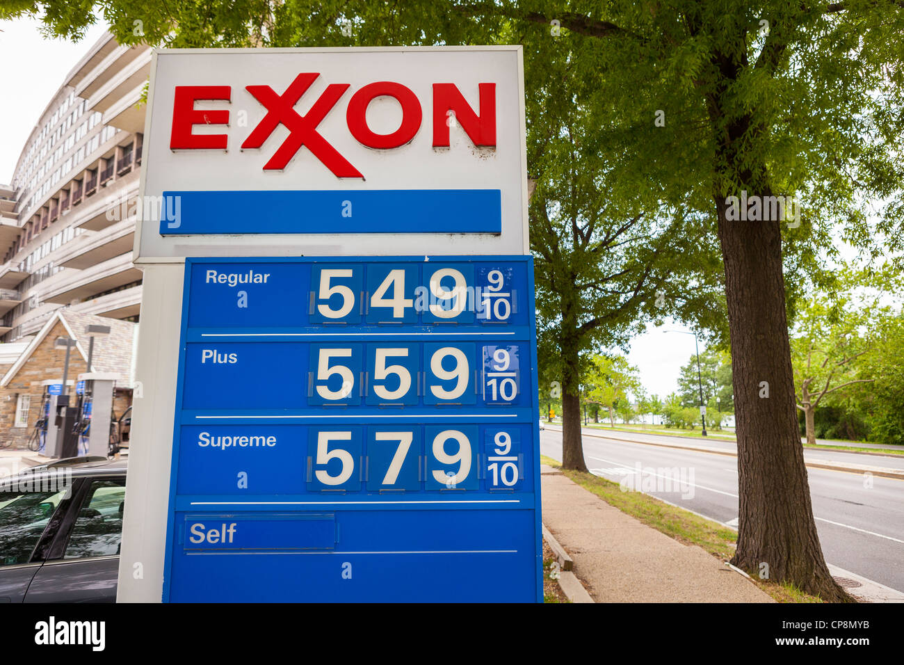 WASHINGTON, DC, USA - $5 gas price sign at Exxon service station on May 7, 2012. Stock Photo