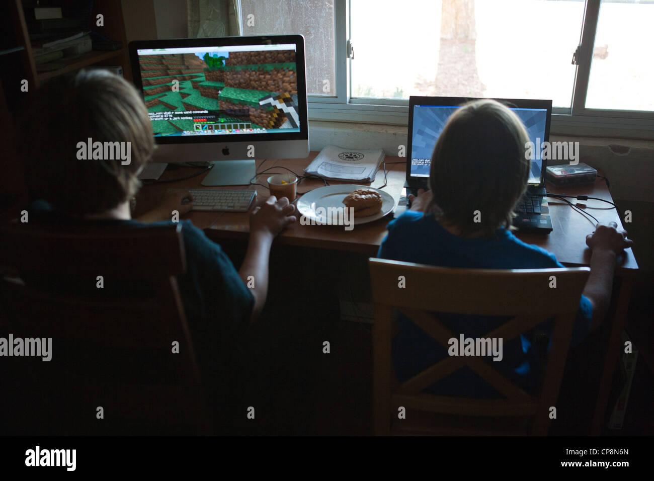 Two boys playing Mine craft video game at home Stock Photo - Alamy